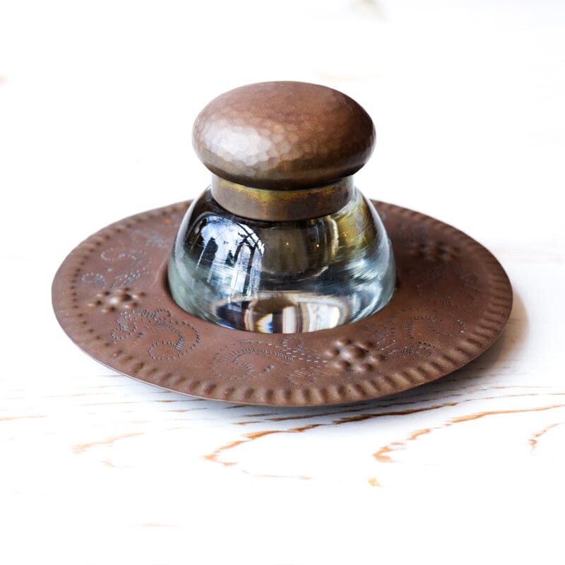 Vintage Inkwell - Hammered Metal and Glass Inkwell Antique Item 