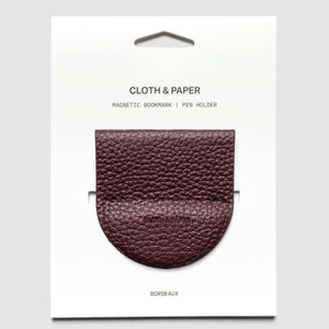 Bordeaux leather pen holder on a white packaging card with 'Cloth & Paper' branding.