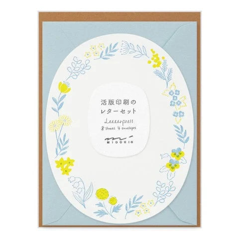 Letterpress Die Cut Letter Set Writing Stationery Midori Blue Wreath 