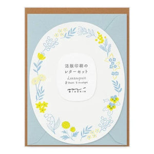 Letterpress Die Cut Letter Set Writing Stationery Midori Blue Wreath 