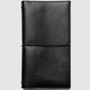 A black textured leather wallet or passport cover with a horizontal elastic closure band, shown closed on a light gray background.