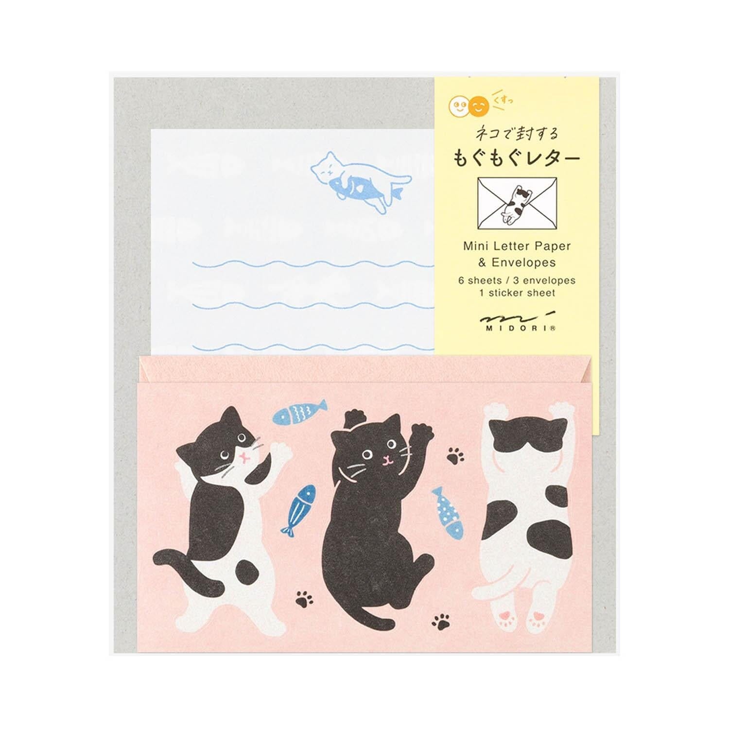 Mini Letter Set with Stickers Writing Stationery Midori Hungry Cat 