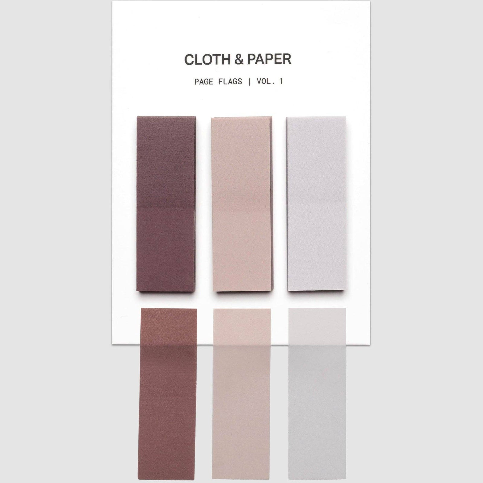 A white card titled 'CLOTH & PAPER' with three vertical rectangular fabric swatches in muted plum, blush, and pale gray, shown on a light gray background.