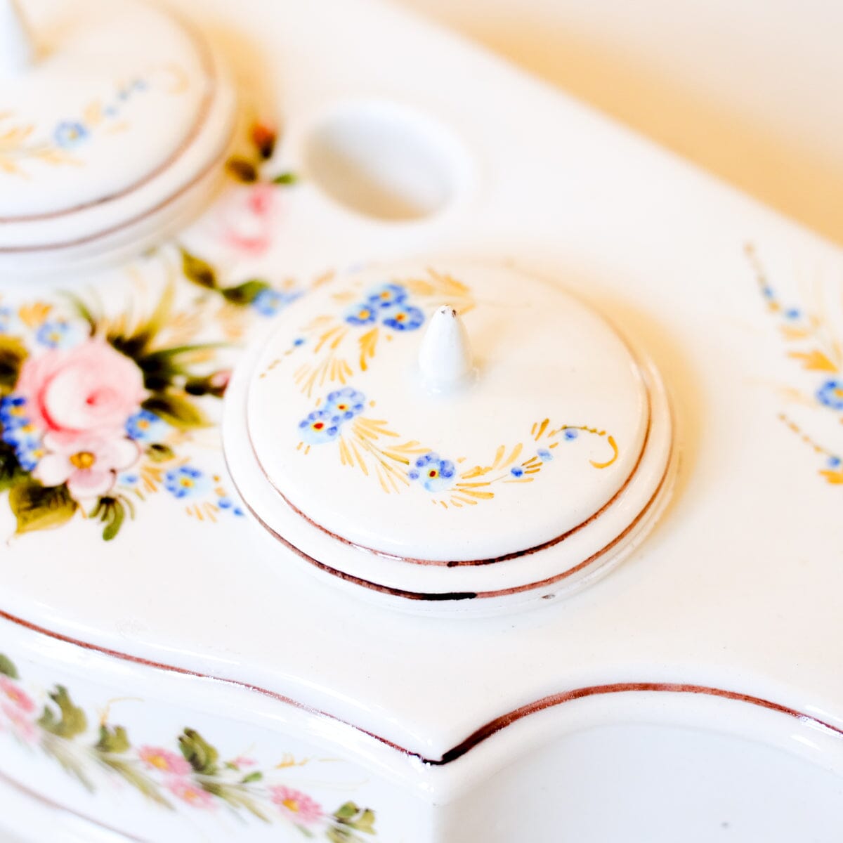 Hand-Painted Ceramic Double Inkwell Inkwell Antique Item 