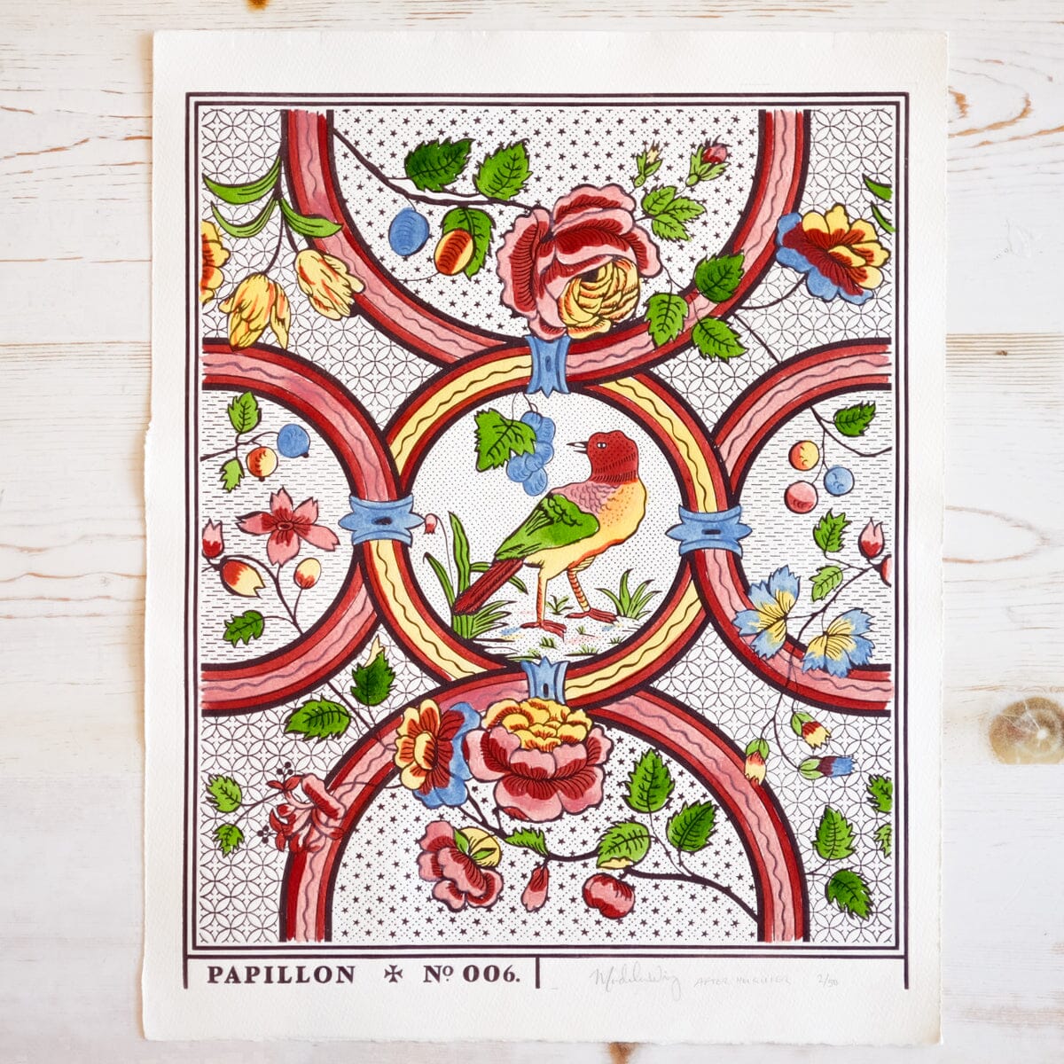 Oiseau et Rose Hand-Painted Print Art Print Papillon Press 