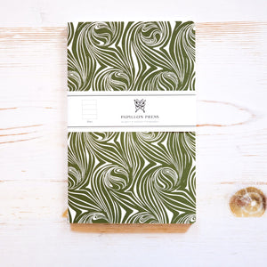 Limited Edition Letterpress Notebook: Psychedelic Swirl Block Printed Notebook Papillon Press Green/Lined 