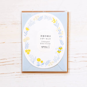 Letterpress Die Cut Letter Set Writing Stationery Midori Blue Wreath 