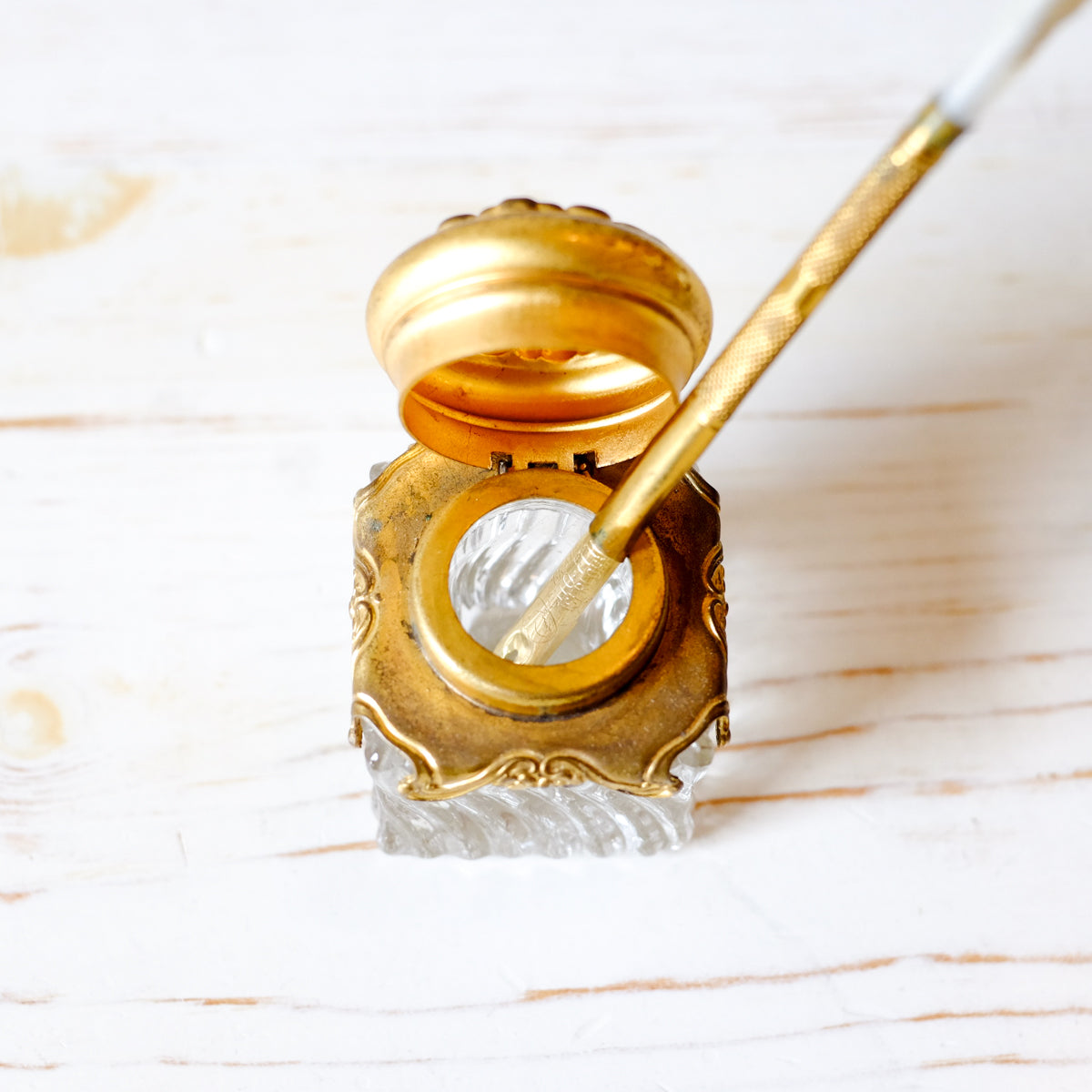 Antique Glass Inkwell with Dip Pen & Letter Opener