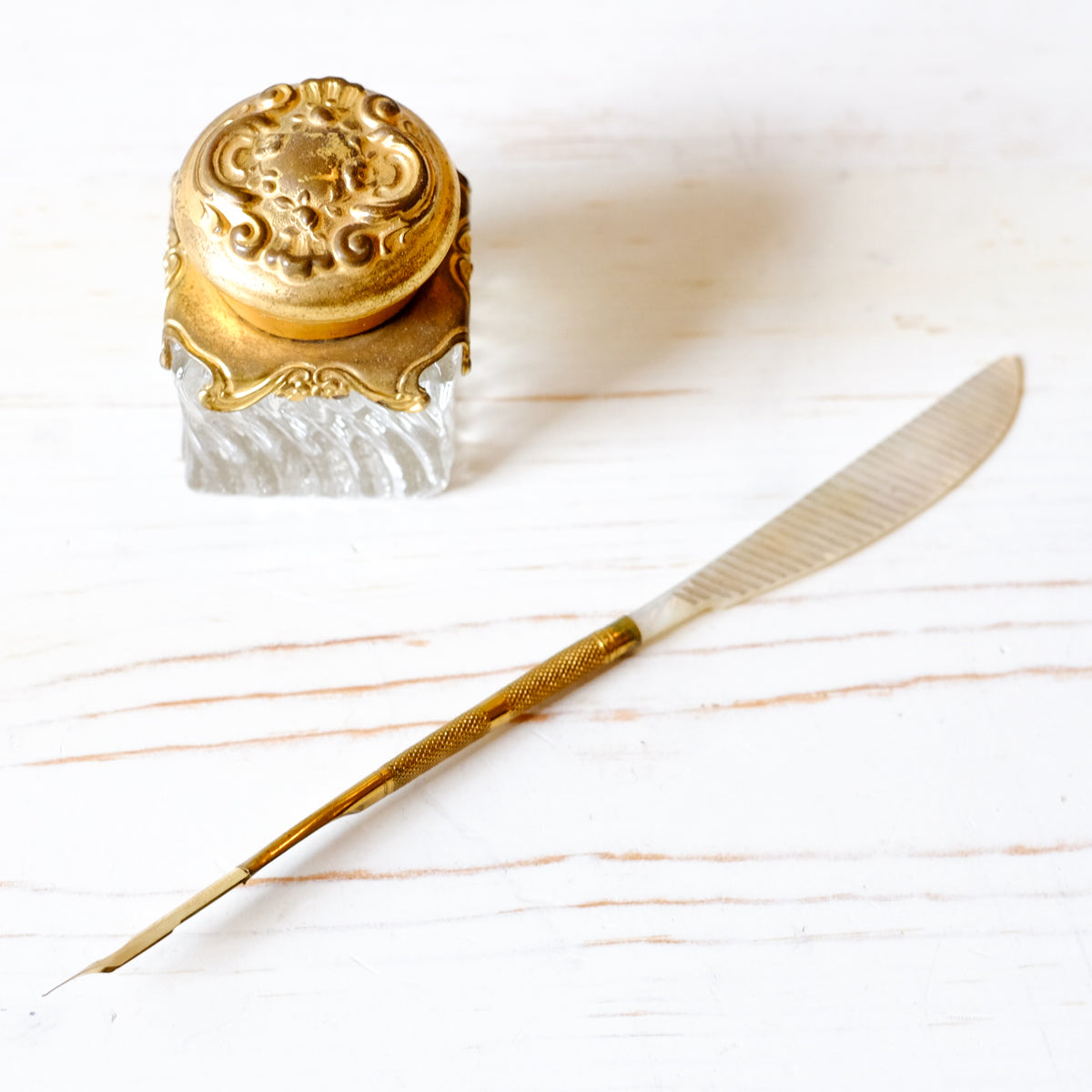 Antique Glass Inkwell with Dip Pen & Letter Opener
