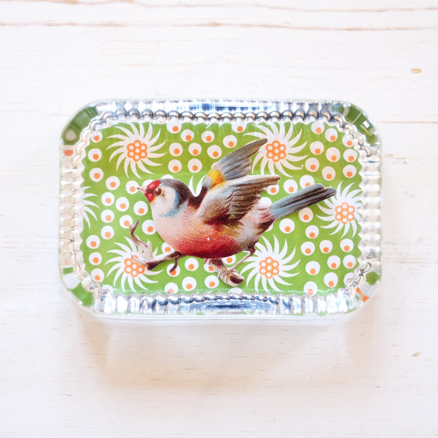 Glass Paperweight - Victorian Die Cut paperweight Papillon Press Bird & Pinwheel 