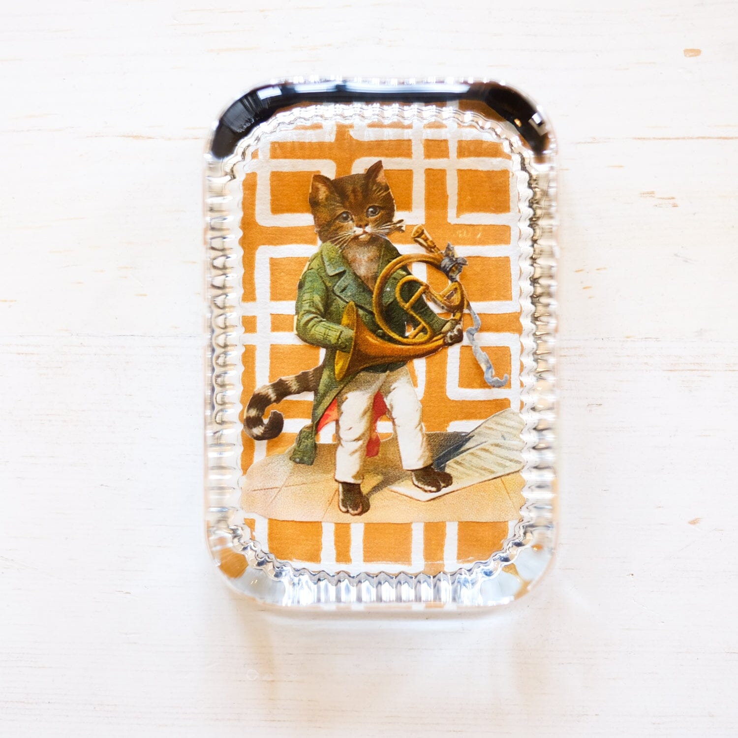 Glass Paperweight - Victorian Die Cut paperweight Papillon Press Trumpet Cat 