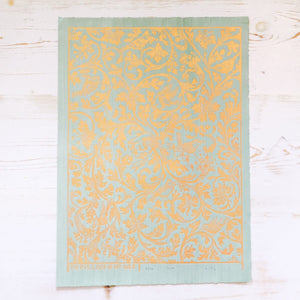 Ornamental Birds Block Print Art Print Papillon Press Light Green and Gold 