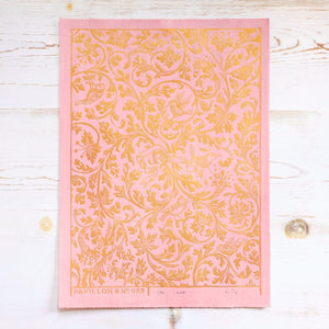 Ornamental Birds Block Print Art Print Papillon Press Pink and Gold 