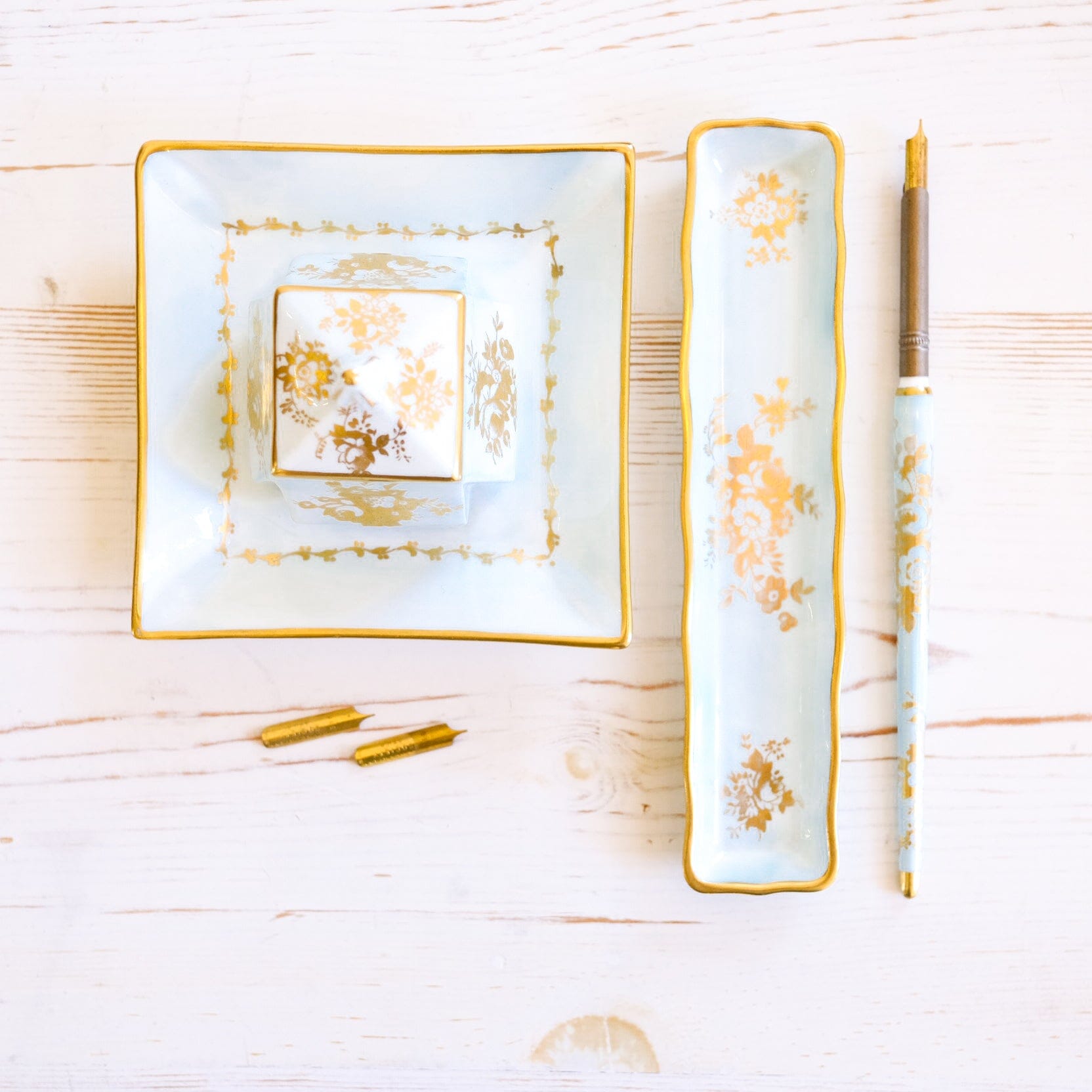 Bone China Desk Set Inkwell Antique Item 