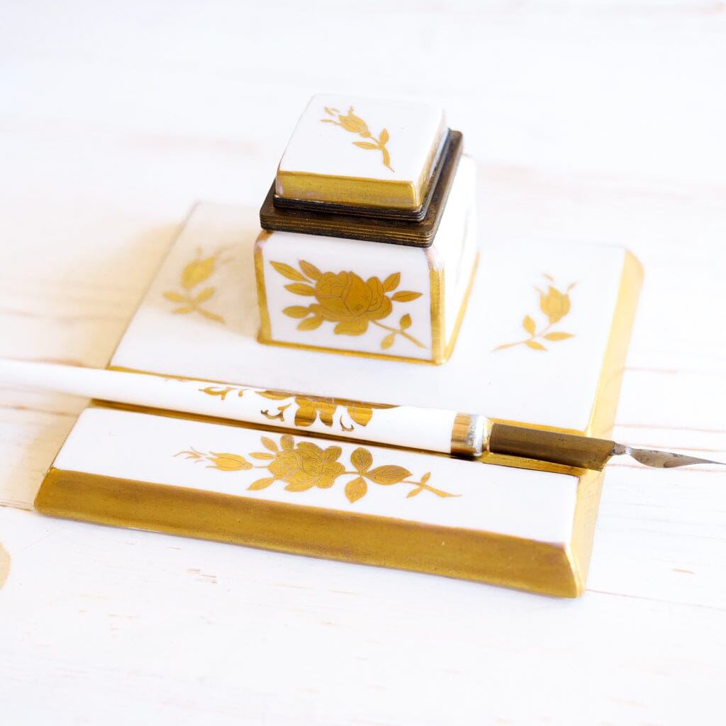 Porcelain Inkwell and Dip Pen Inkwell Antique Item 
