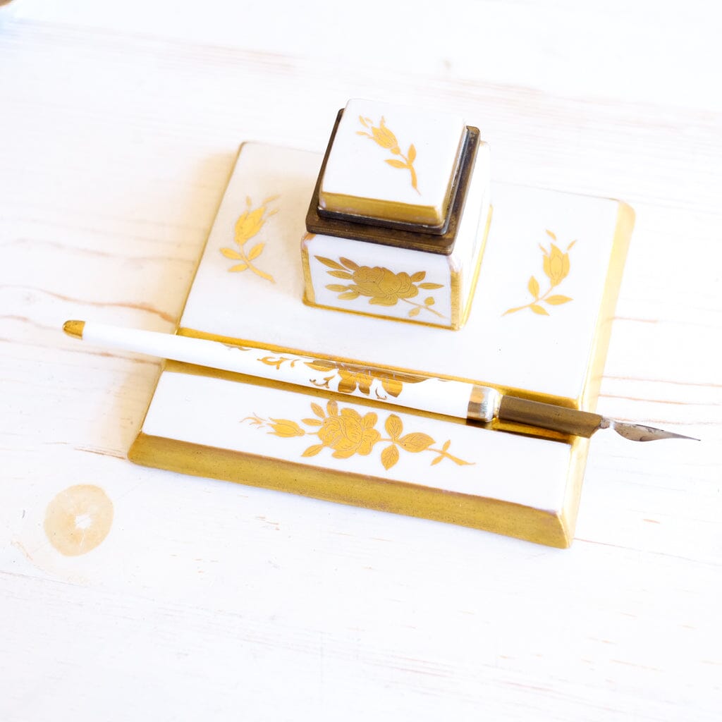 Porcelain Inkwell and Dip Pen Inkwell Antique Item 