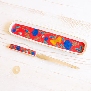 Vintage Letter Opener and Tray Letter Opener Vintage Neiman Marcus #2 - Red and Blue Floral 