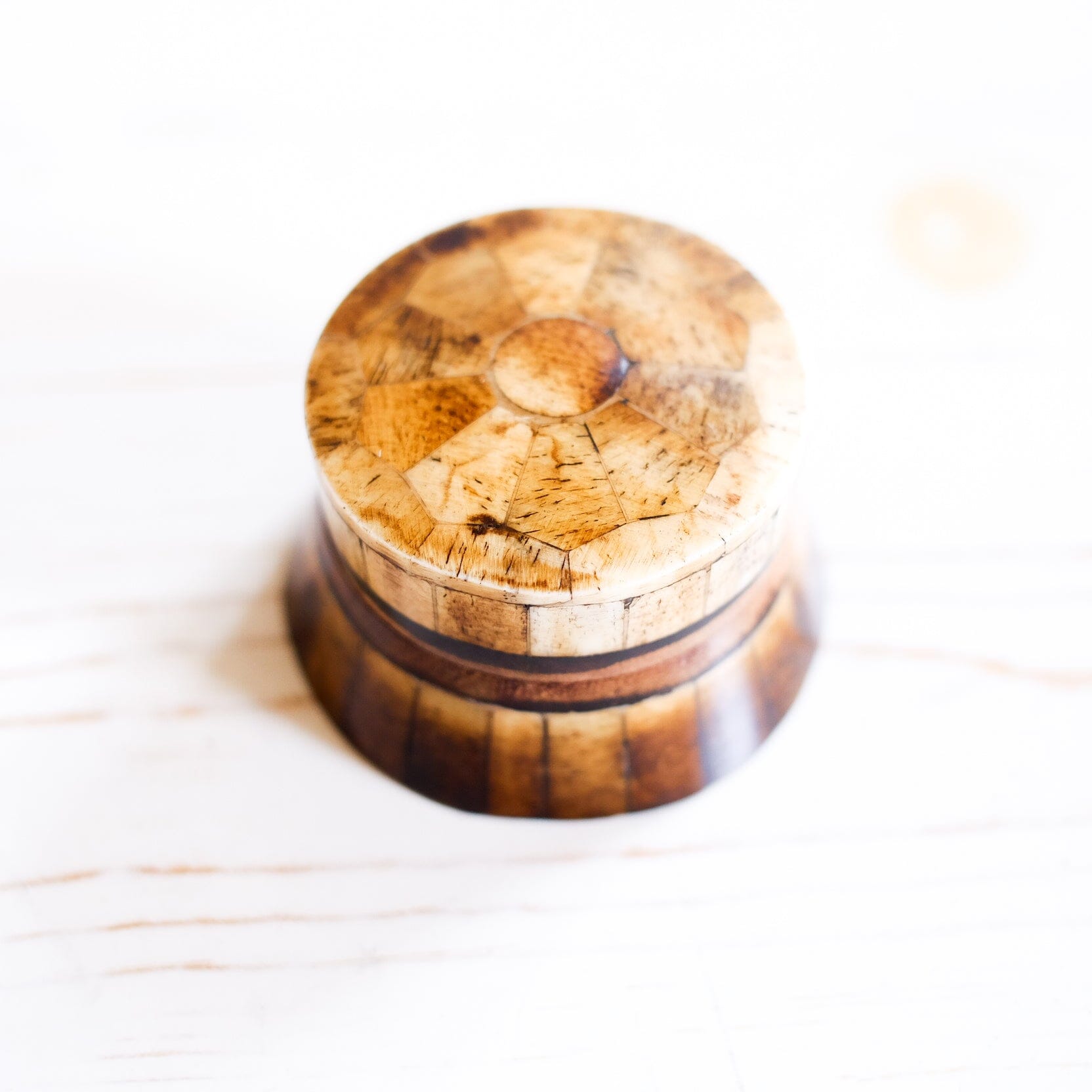 2-1/2" Antiqued Primitive Round Bone & Wooden Trinket Box Box Madison Bay Co. 