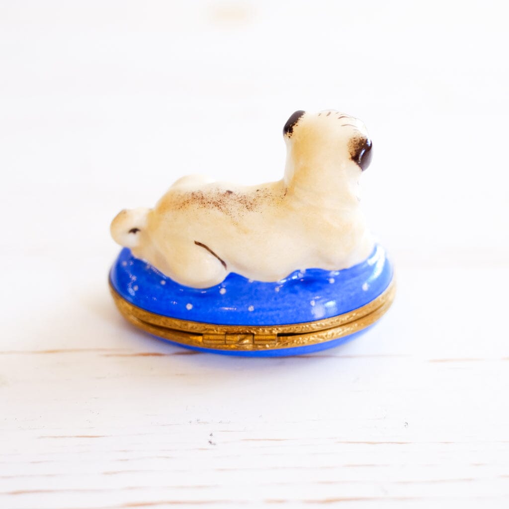 Limoges Pug with Fleur De Lis Cushion Trinket Box Trinket Box Limoges 