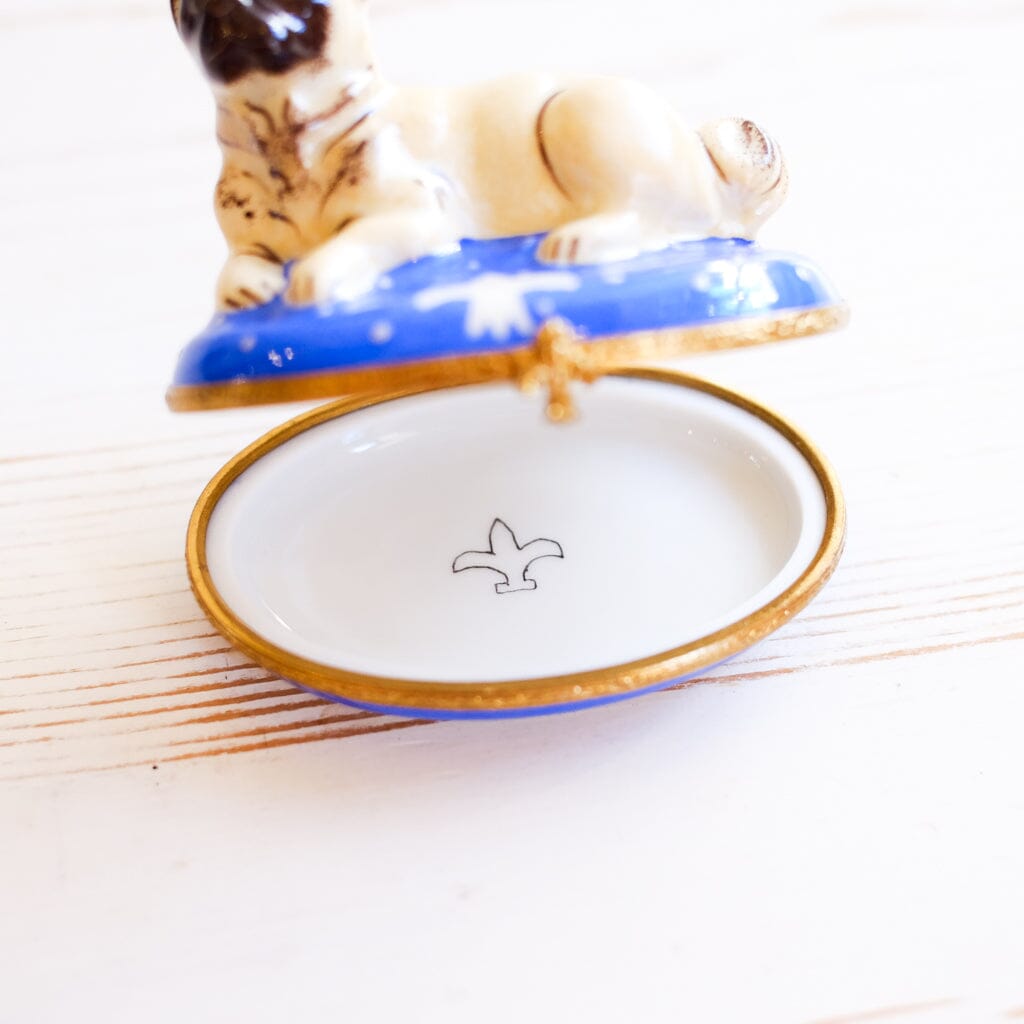 Limoges Pug with Fleur De Lis Cushion Trinket Box Trinket Box Limoges 