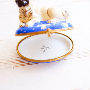 Limoges Pug with Fleur De Lis Cushion Trinket Box Trinket Box Limoges 