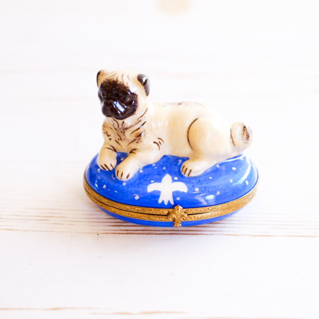Limoges Pug with Fleur De Lis Cushion Trinket Box Trinket Box Limoges 
