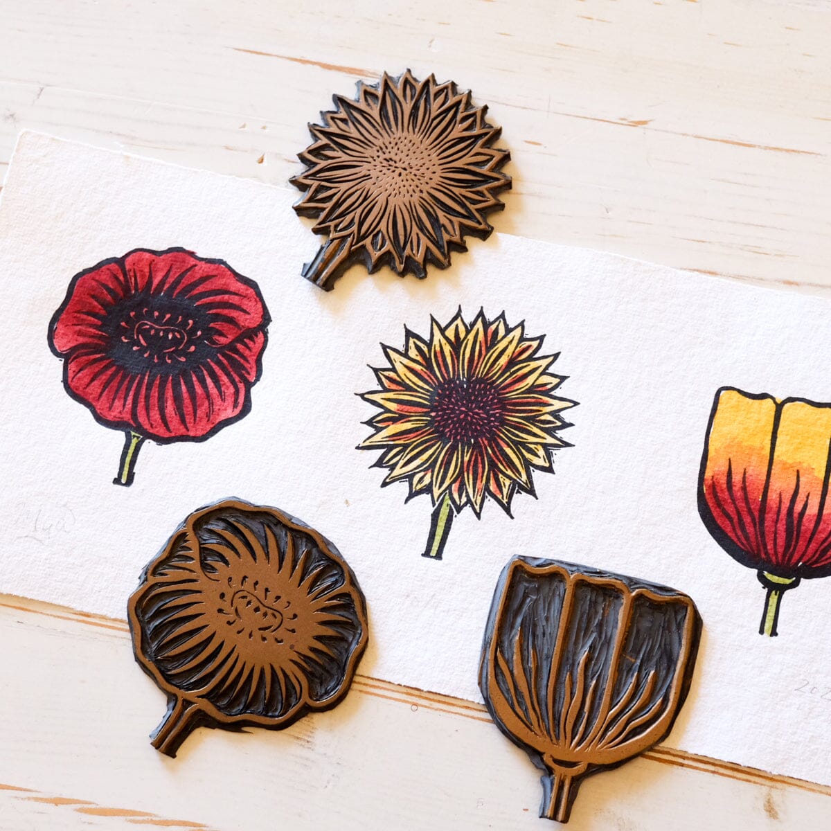 Trio Floral Hand-Painted Print Papillon Press 