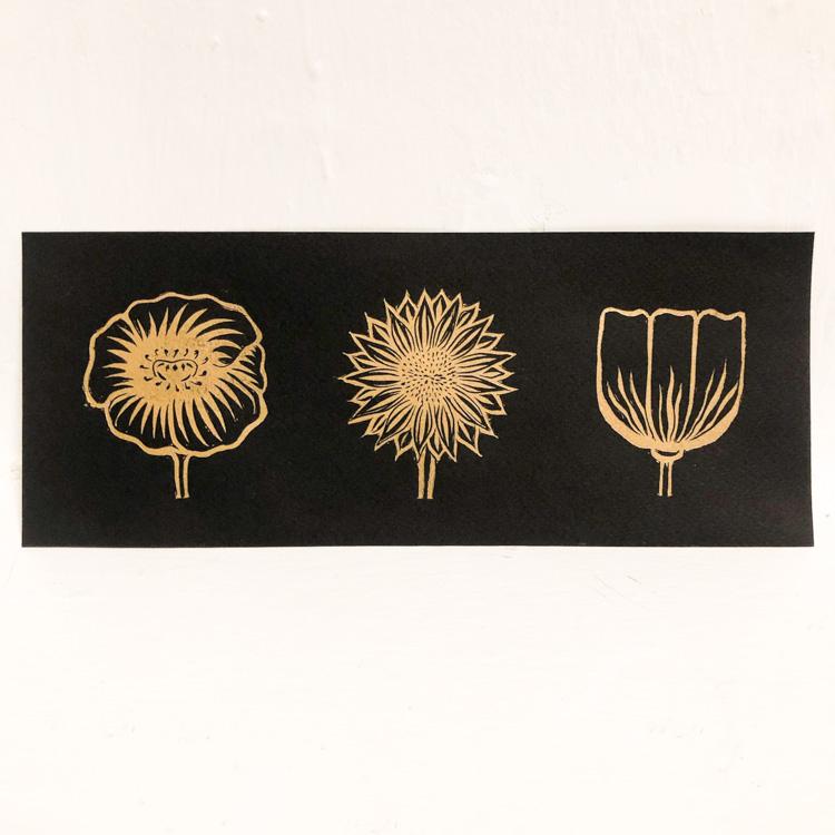 Flower Trio Print: Black and Gold Art Print Papillon Press 