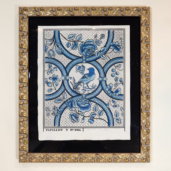 Framed Oiseau et Rose Print - Blue with Gold Frame Framed Print Papillon Press Black Backing 