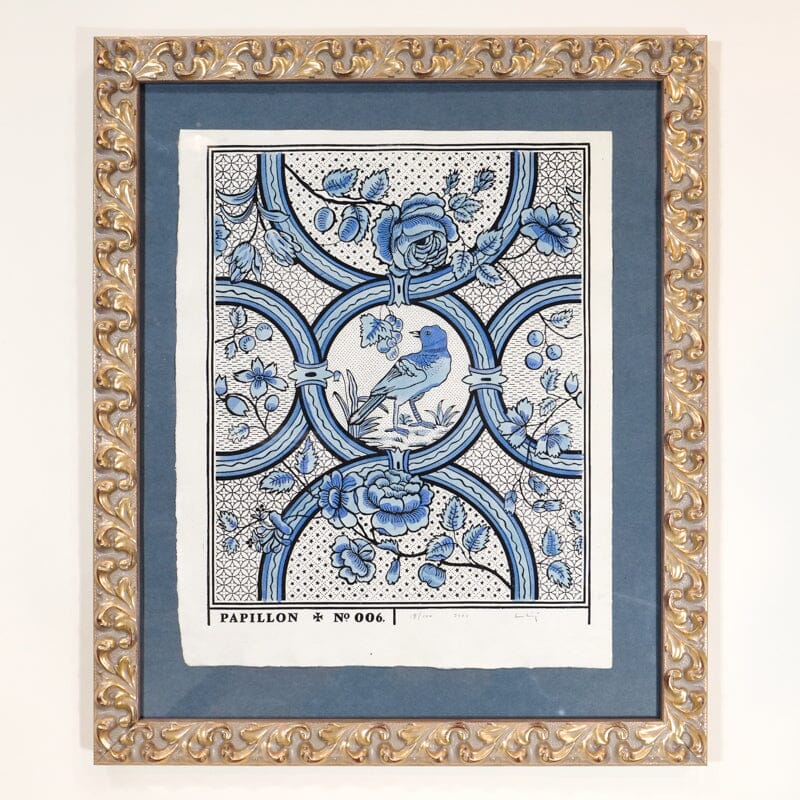 Framed Oiseau et Rose Print - Blue with Gold Frame Framed Print Papillon Press Black Backing 