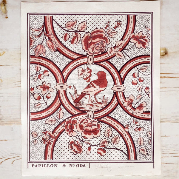 Oiseau et Rose Hand-Painted Print - Red Art Print Papillon Press 