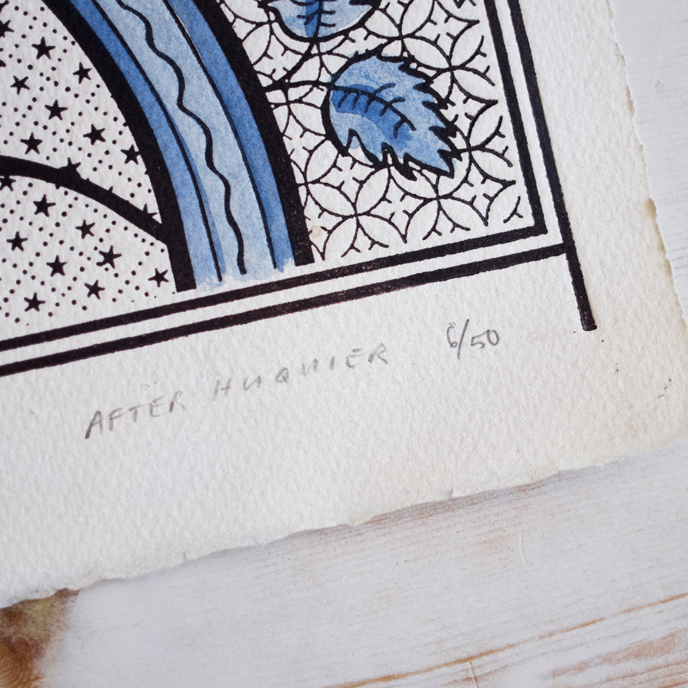 Oiseau et Rose Hand-Painted Print - Blue Art Print Papillon Press 